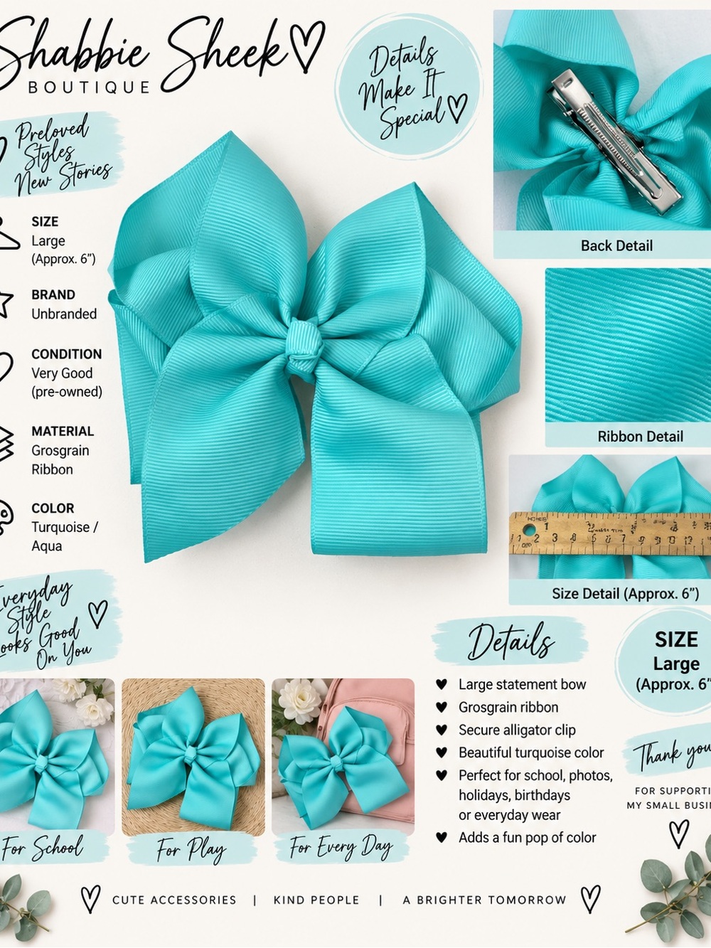 Large Turquoise Grosgrain Ribbon Hair Bow Alligator Clip Girls Kids
-